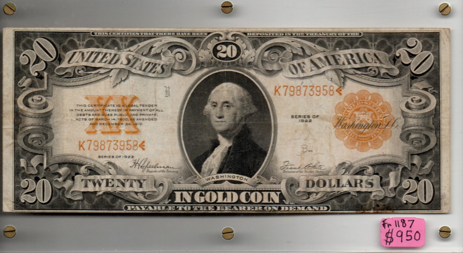 1922 $20 Gold Certificate Fr. 1187 Large Size Currency Note – Speelman–White SA36 — Obverse