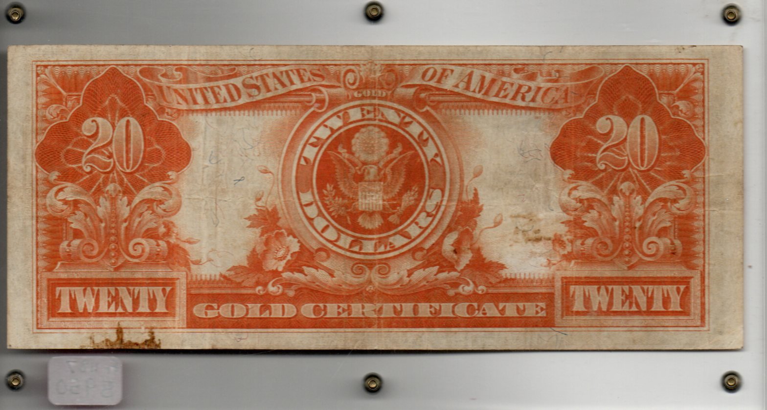 1922 $20 Gold Certificate Fr. 1187 Large Size Currency Note – Speelman–White SA36 — Reverse