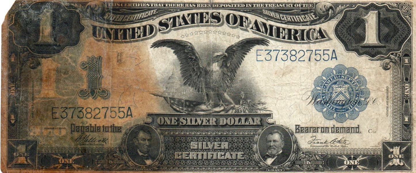 1899 $1 Silver Certificate Fr. 235 “Black Eagle” Large Size Currency – Elliott–White - Dark Stain TAW2 — Obverse