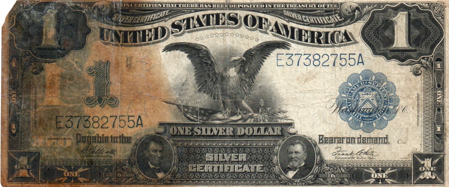 1899 $1 Silver Certificate Fr. 235 “Black Eagle” Large Size Currency – Elliott–White - Dark Stain TAW2 — Obverse