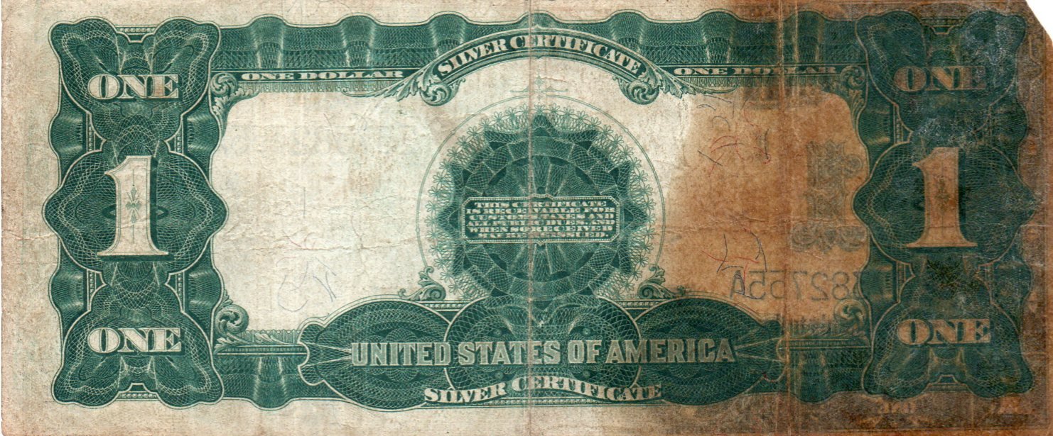 1899 $1 Silver Certificate Fr. 235 “Black Eagle” Large Size Currency – Elliott–White - Dark Stain TAW2 — Reverse