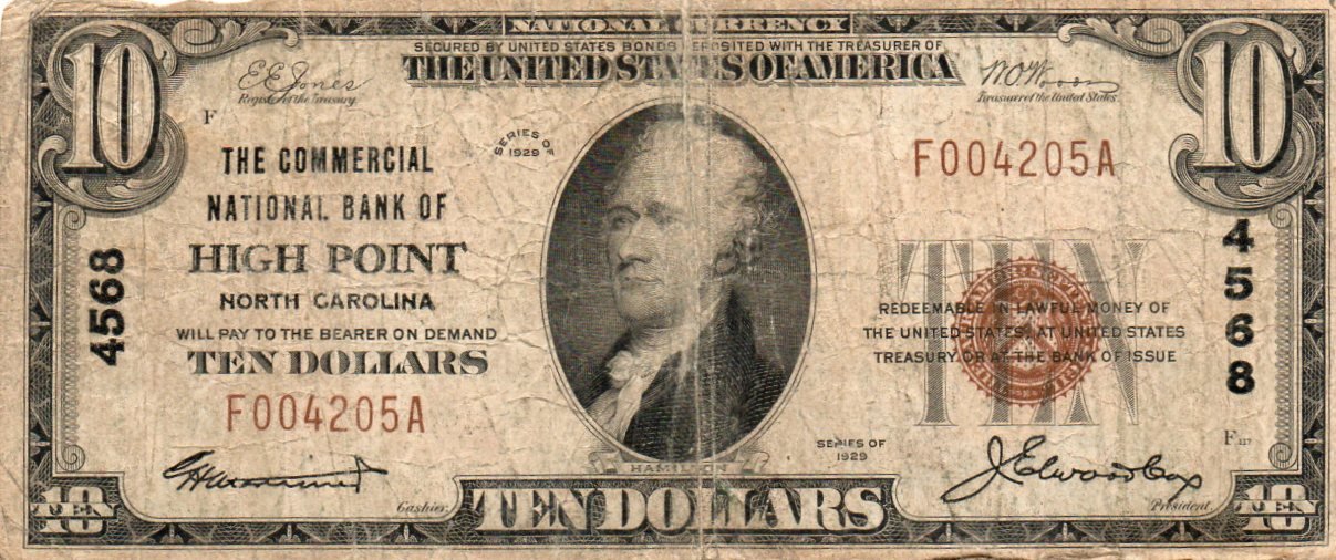 1929 $10 Type 1 National Bank Note Fr. 1801-1 – Commercial National Bank Of High Point, NC – Charter 4568 KDN6 — Obverse