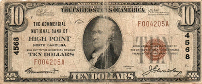 1929 $10 Type 1 National Bank Note Fr. 1801-1 – Commercial National Bank Of High Point, NC – Charter 4568 KDN6 — Obverse