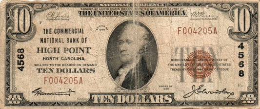 1929 $10 Type 1 National Bank Note Fr. 1801-1 – Commercial National Bank Of High Point, NC – Charter 4568 KDN6 — Obverse