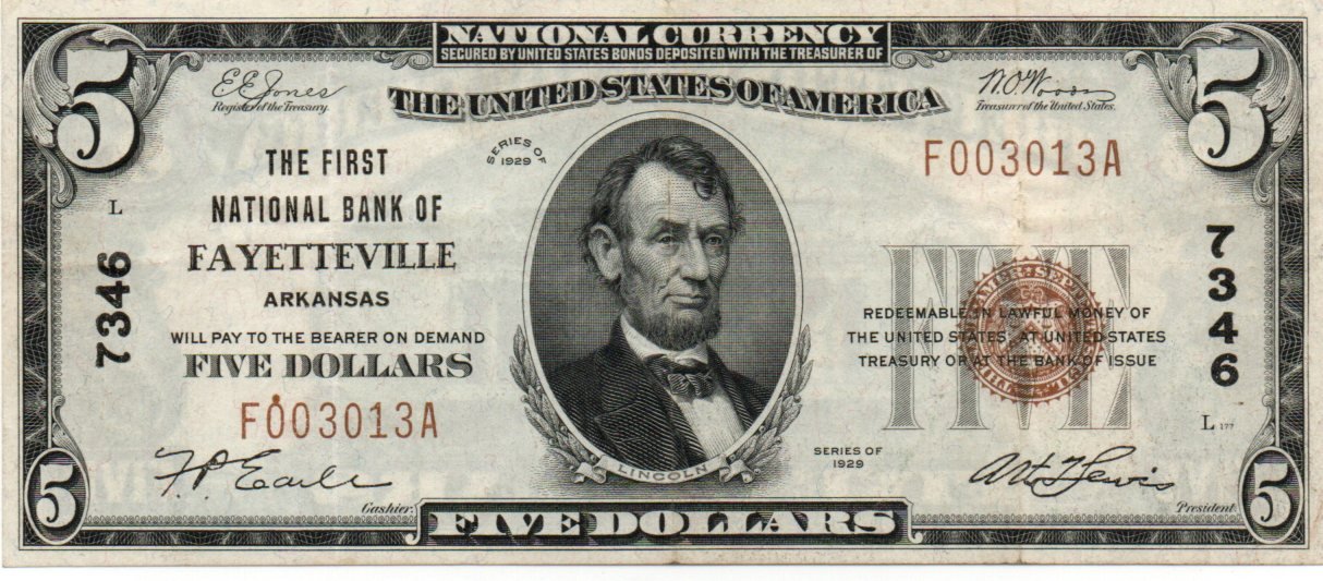 1929 $5 Type 2 National Bank Note Fr. 1800-2 – First National Bank Of Fayetteville, Arkansas – Charter 7346 RXYH — Obverse