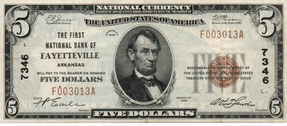1929 $5 Type 2 National Bank Note Fr. 1800-2 – First National Bank Of Fayetteville, Arkansas – Charter 7346 RXYH — Obverse