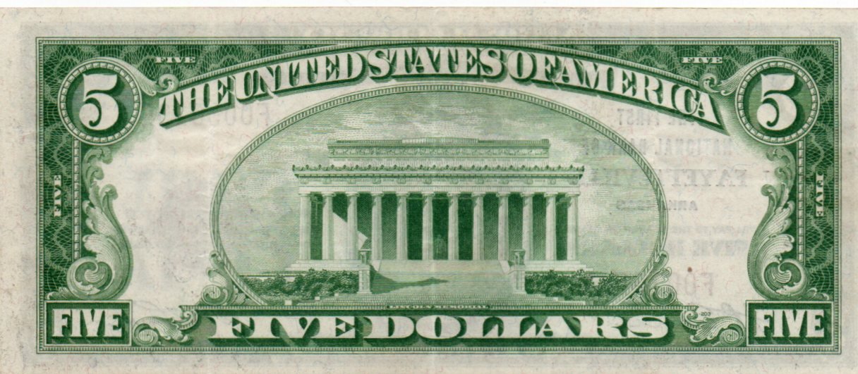 1929 $5 Type 2 National Bank Note Fr. 1800-2 – First National Bank Of Fayetteville, Arkansas – Charter 7346 RXYH — Reverse