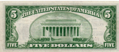 1929 $5 Type 2 National Bank Note Fr. 1800-2 – First National Bank Of Fayetteville, Arkansas – Charter 7346 RXYH — Reverse