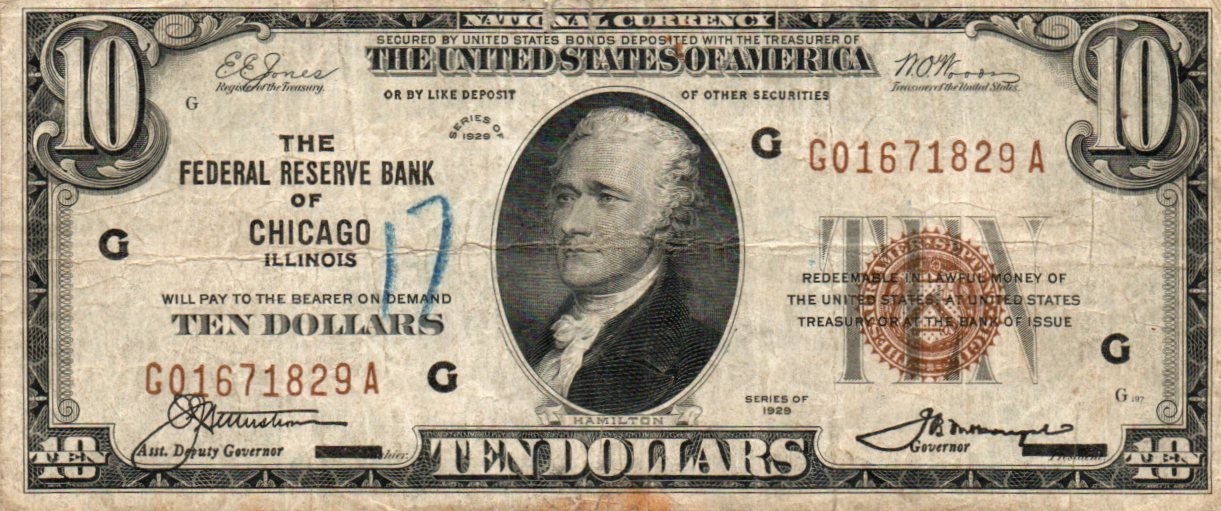 1929 $10 Federal Reserve Bank Note Fr. 1860-G – Chicago District Currency - Obverse Writing 4ESK — Obverse