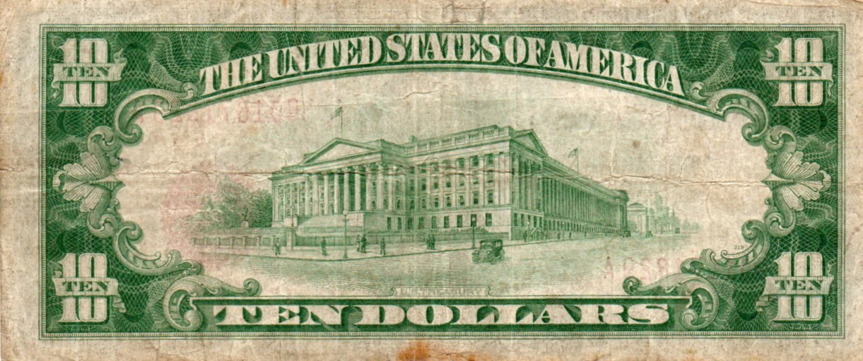 1929 $10 Federal Reserve Bank Note Fr. 1860-G – Chicago District Currency - Obverse Writing 4ESK — Reverse
