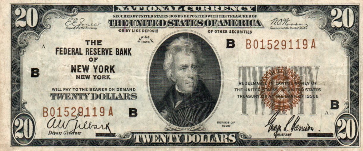 1929 $20 Federal Reserve Bank Note Fr. 1870-B – New York District Currency 7WBT — Obverse