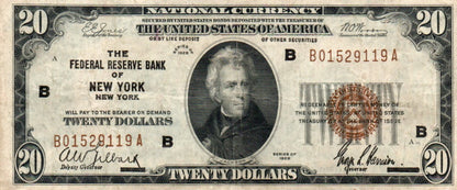 1929 $20 Federal Reserve Bank Note Fr. 1870-B – New York District Currency 7WBT — Obverse