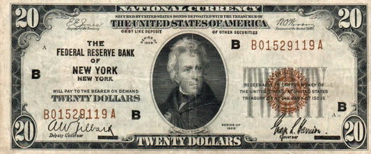1929 $20 Federal Reserve Bank Note Fr. 1870-B – New York District Currency 7WBT — Obverse