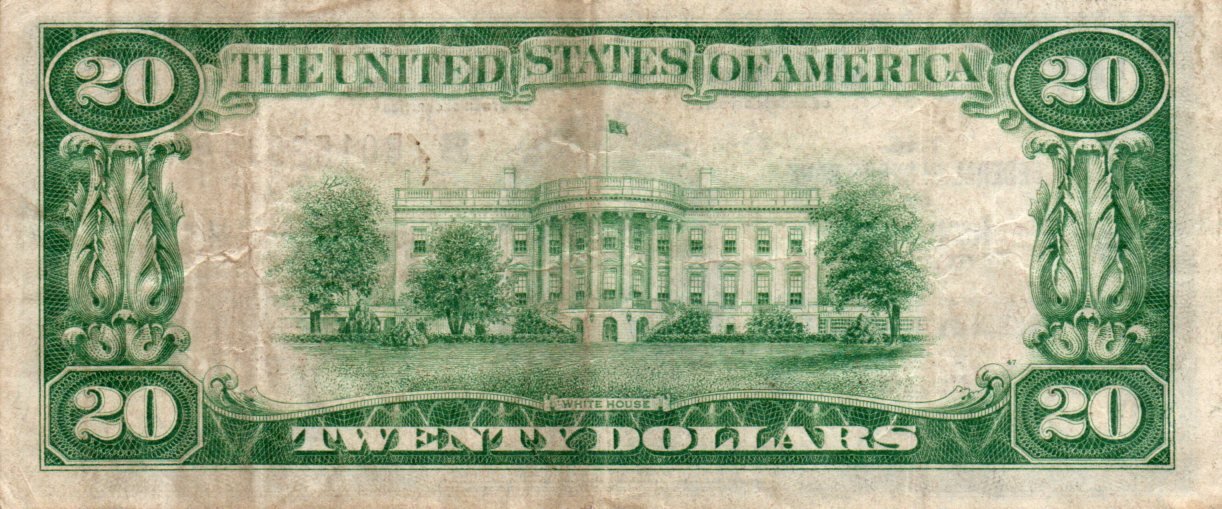 1929 $20 Federal Reserve Bank Note Fr. 1870-B – New York District Currency 7WBT — Reverse