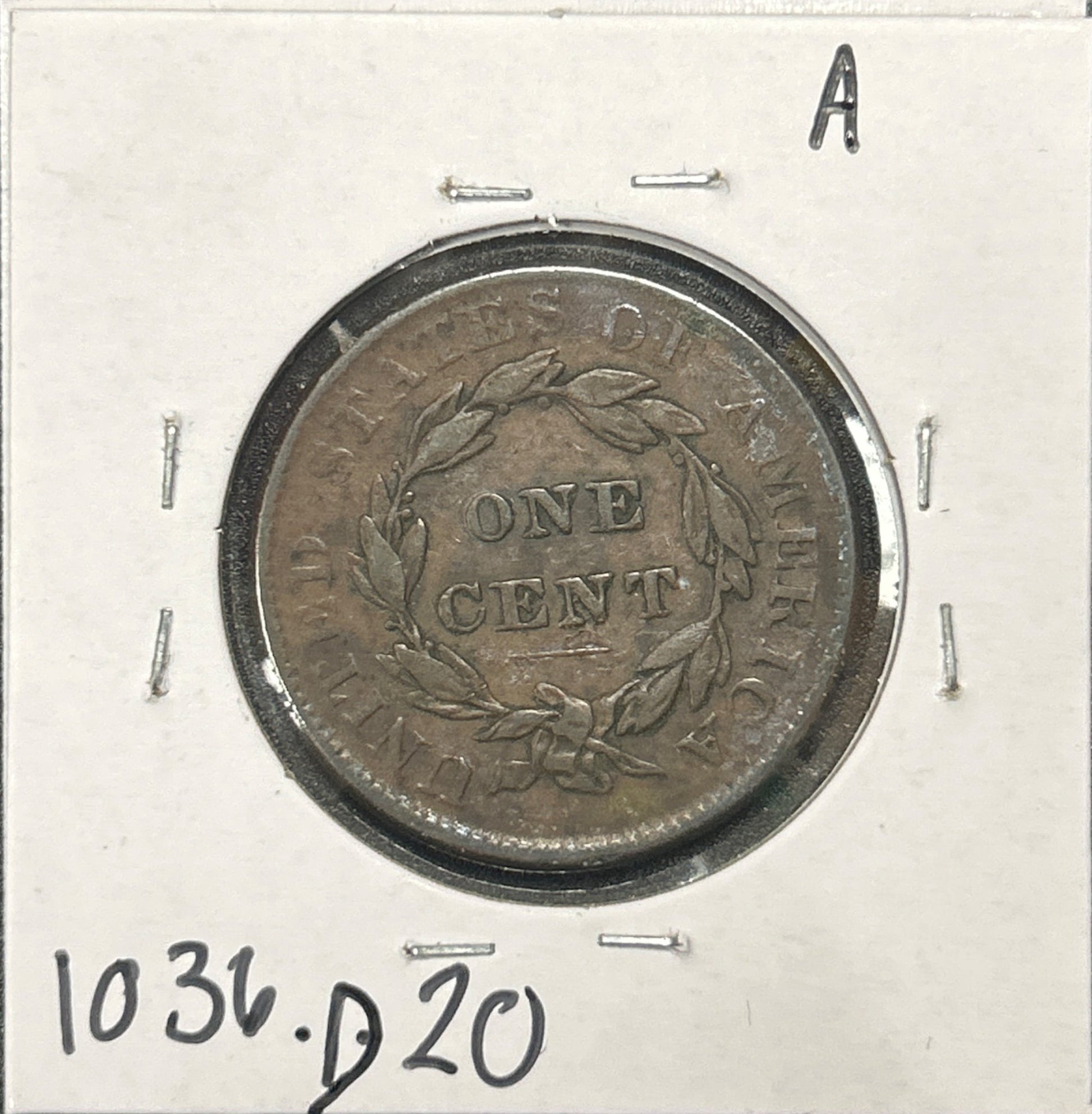 1837 Coronet Head Cent 1036.D20-A — Reverse