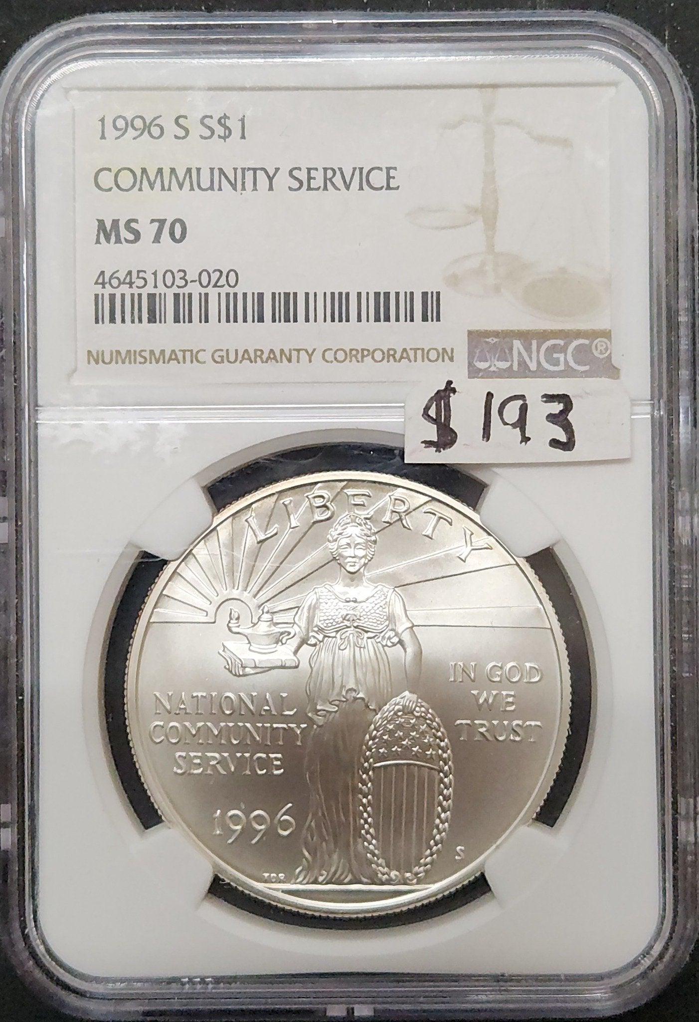 1996 S Commemorative Dollar Community Service MS 70 4645103-020 10518.70-01975470004645103020 — Obverse