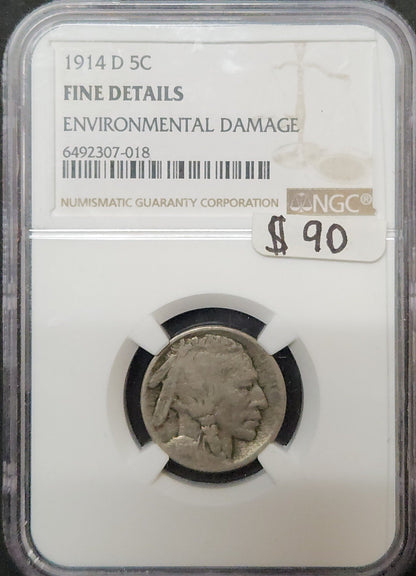 1914 D Buffalo Nickel NGC Fine Details Environmental Damage 3106.F-01392585506492307018 — Obverse