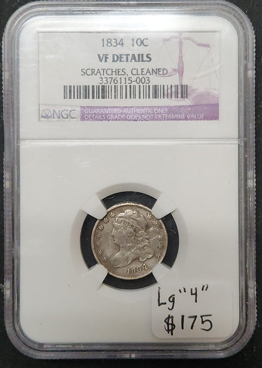 1834 Capped Bust Dime Large "4" MS VF Details Scratches, Cleaned NGC 4007.VF-01452586373376115003 — Obverse