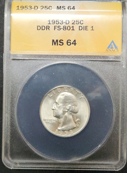 1953 D Washington Quarter Double Die Reverse FS-801 Die 1 MS 64 285865.64-00585364043570941000 — Obverse