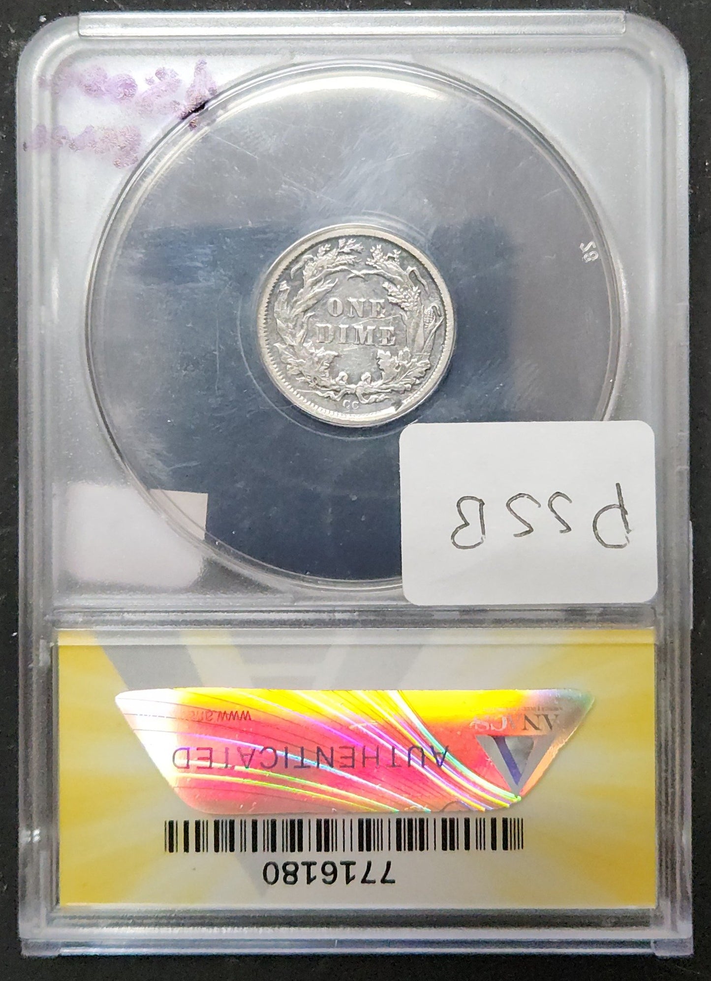 1877 CC Liberty Seated Dime  Struck On Defective Blank Cleaned AU50 Details PSSB — Reverse