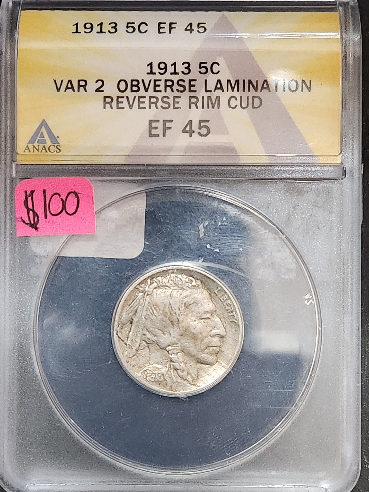 1913 Buffalo Nickel Variety 2 Obverse Lamination Reverse Rim Cud EF45 PH26 — Obverse