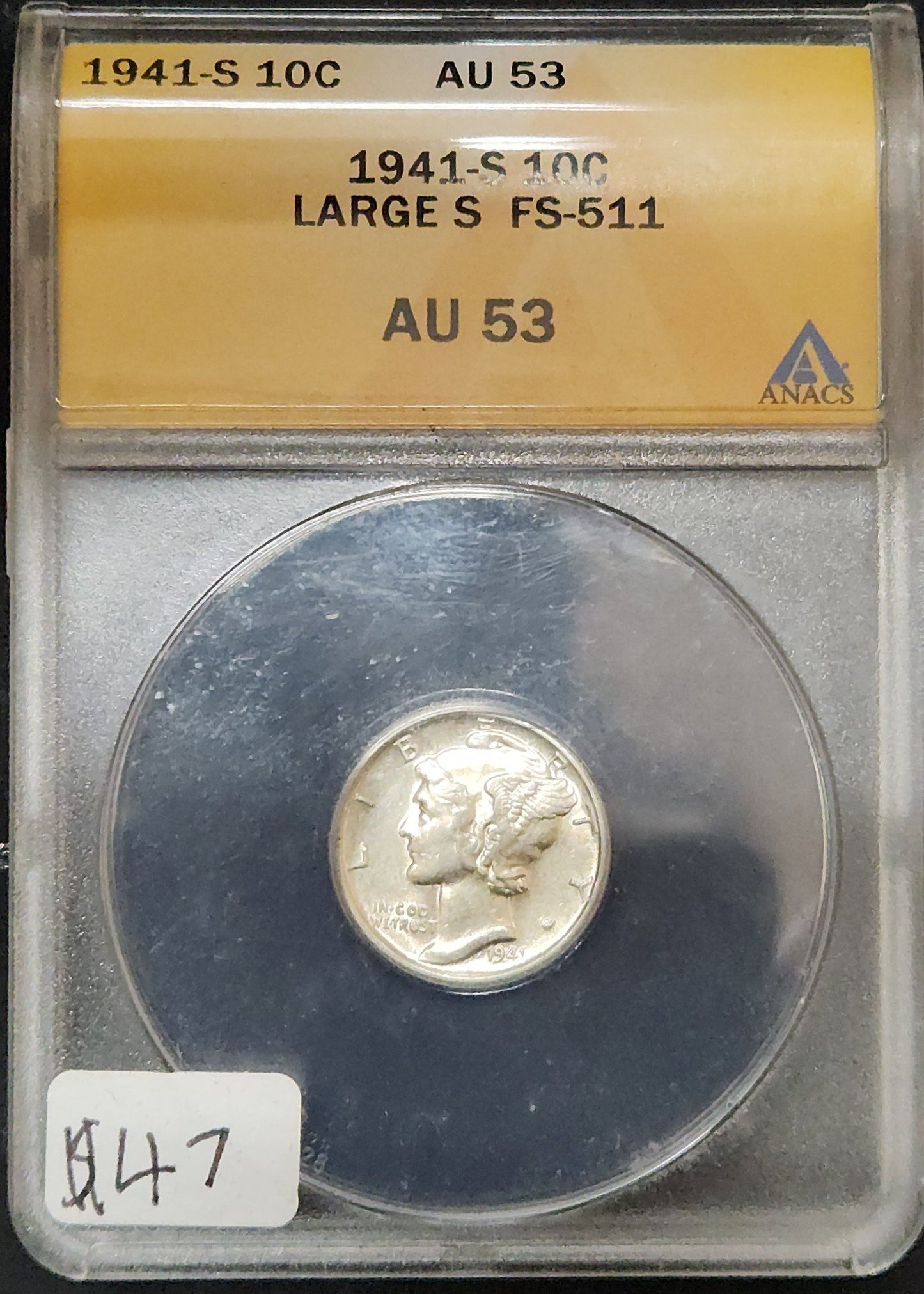 1941 S Mercury Dime Large S AU 53 ANACS 375859.53-00503253051114641000 — Obverse