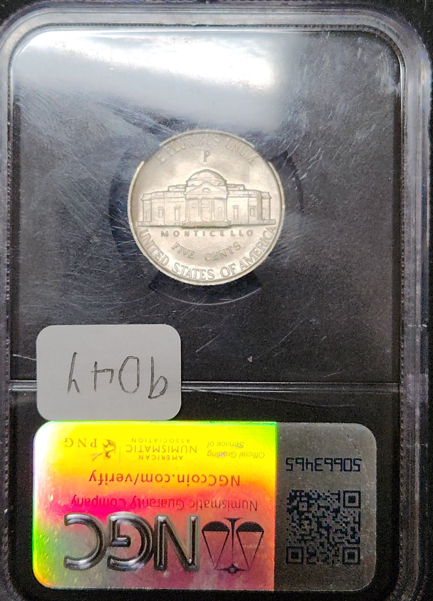 1942 P Jefferson Nickel Silver MS 66 5fS Original Bag Fragment 9D4Y — Reverse