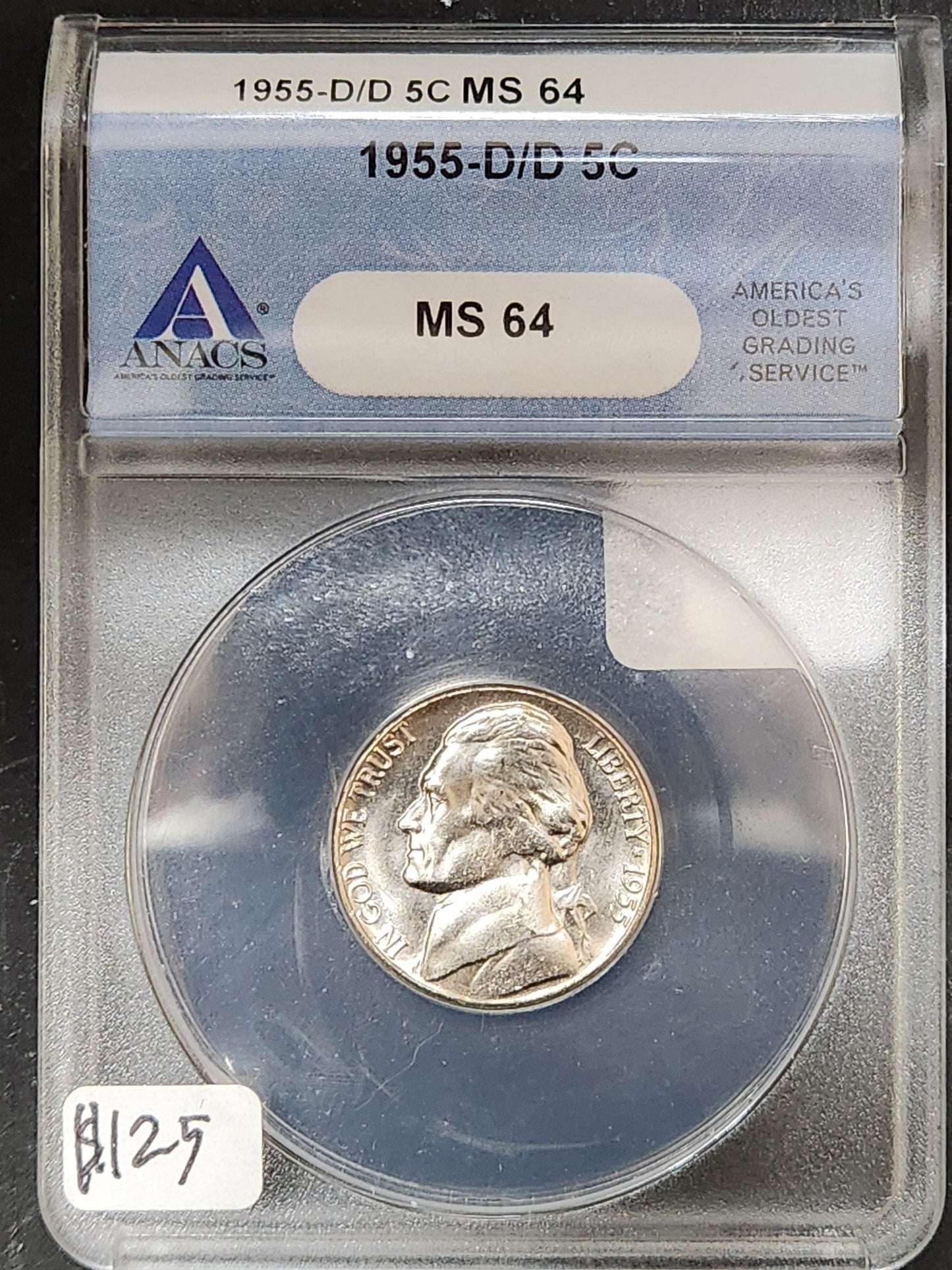 1955 D/D Jefferson Nickel MS 64 ANACS ZKYB — Obverse