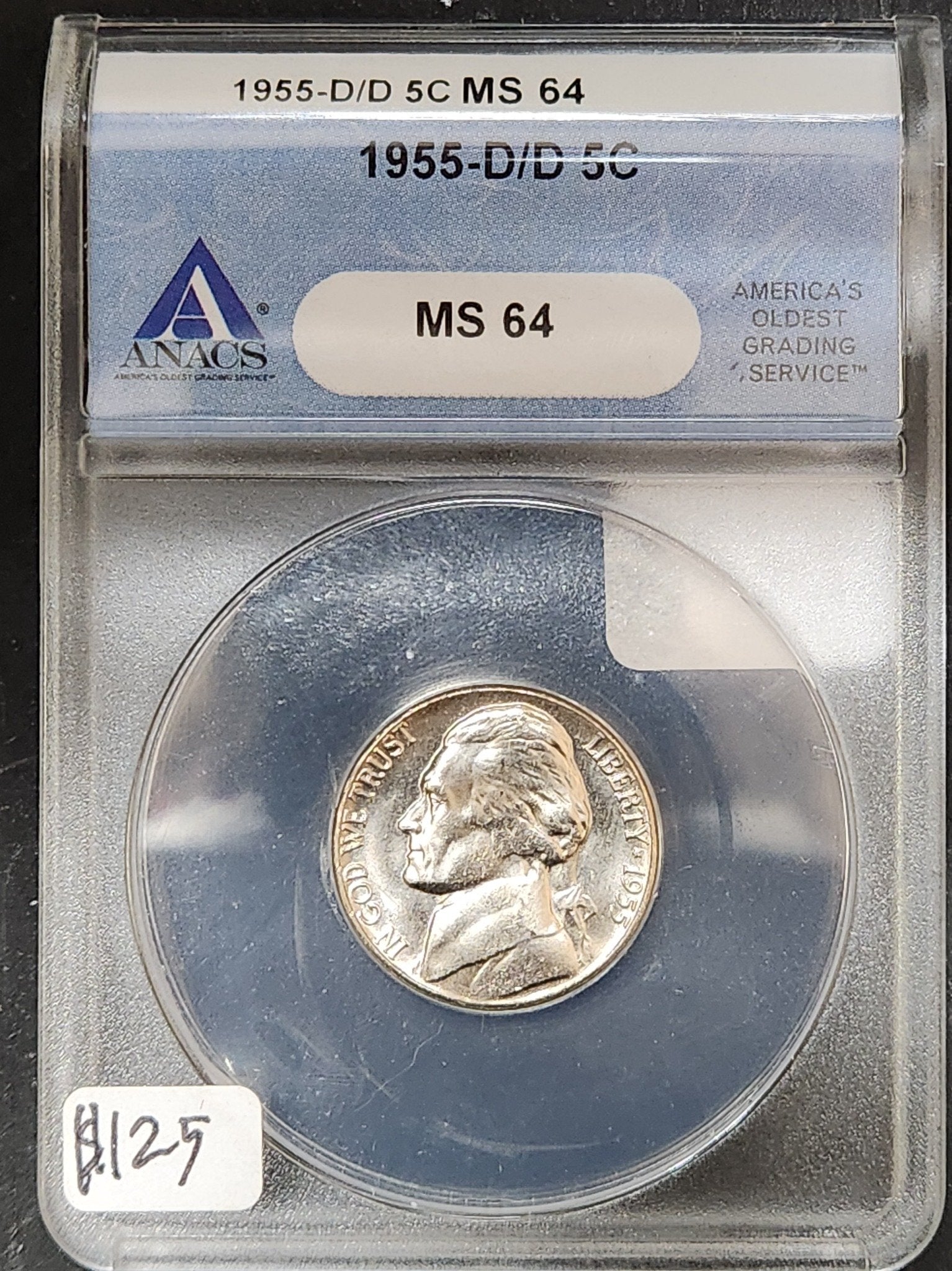 1955 D/D Jefferson Nickel MS 64 ANACS ZKYB — Obverse