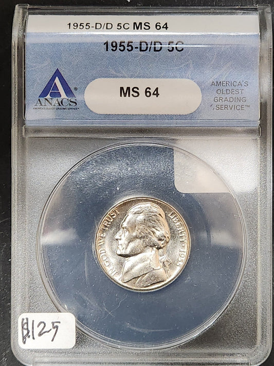 1955 D/D Jefferson Nickel MS 64 ANACS ZKYB — Obverse