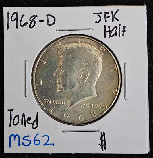 1968-D Kennedy Half Dollar Light Rim Toning MS62 6924.62T-A — Obverse