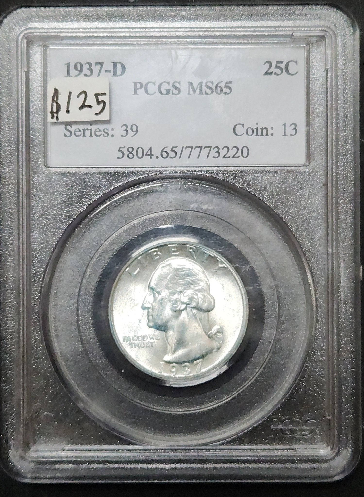 1937 D Washington Quarter Silver MS 65 PCGS 5654.65-0058046507773220 — Obverse