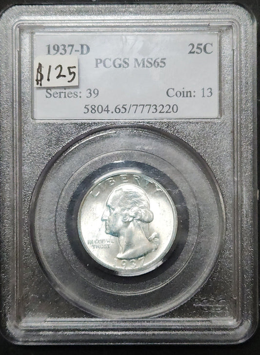 1937 D Washington Quarter Silver MS 65 PCGS 5654.65-0058046507773220 — Obverse