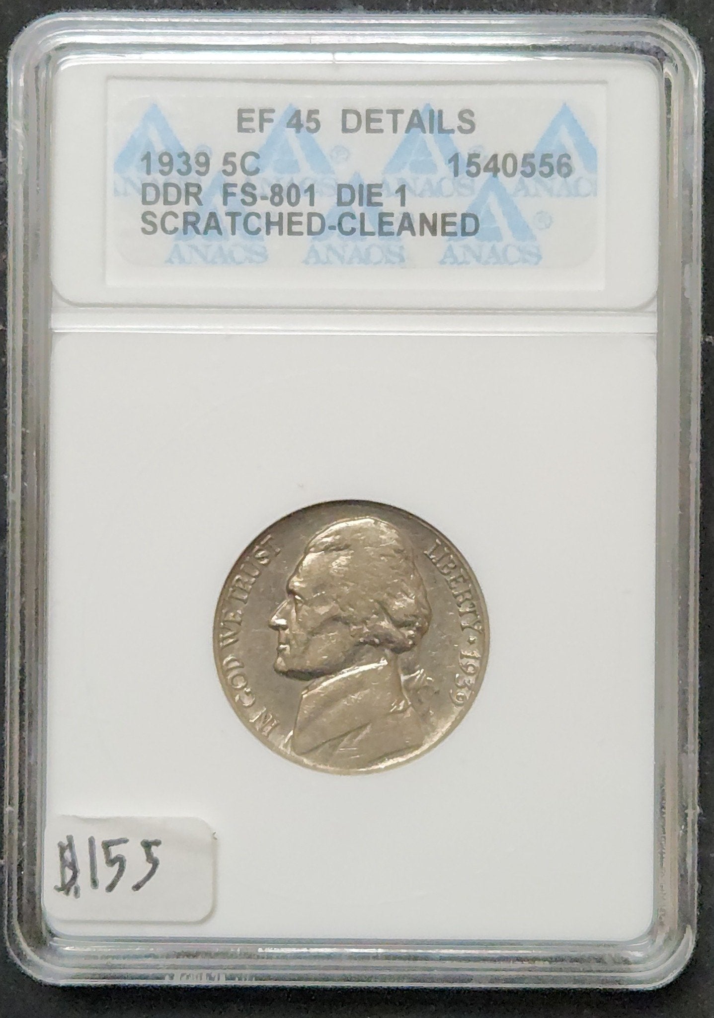 1939 Jefferson Nickel EF 45 Double Die Reverse FS-801 Die 1 Scratched- Cleaned 375862.45-A — Obverse