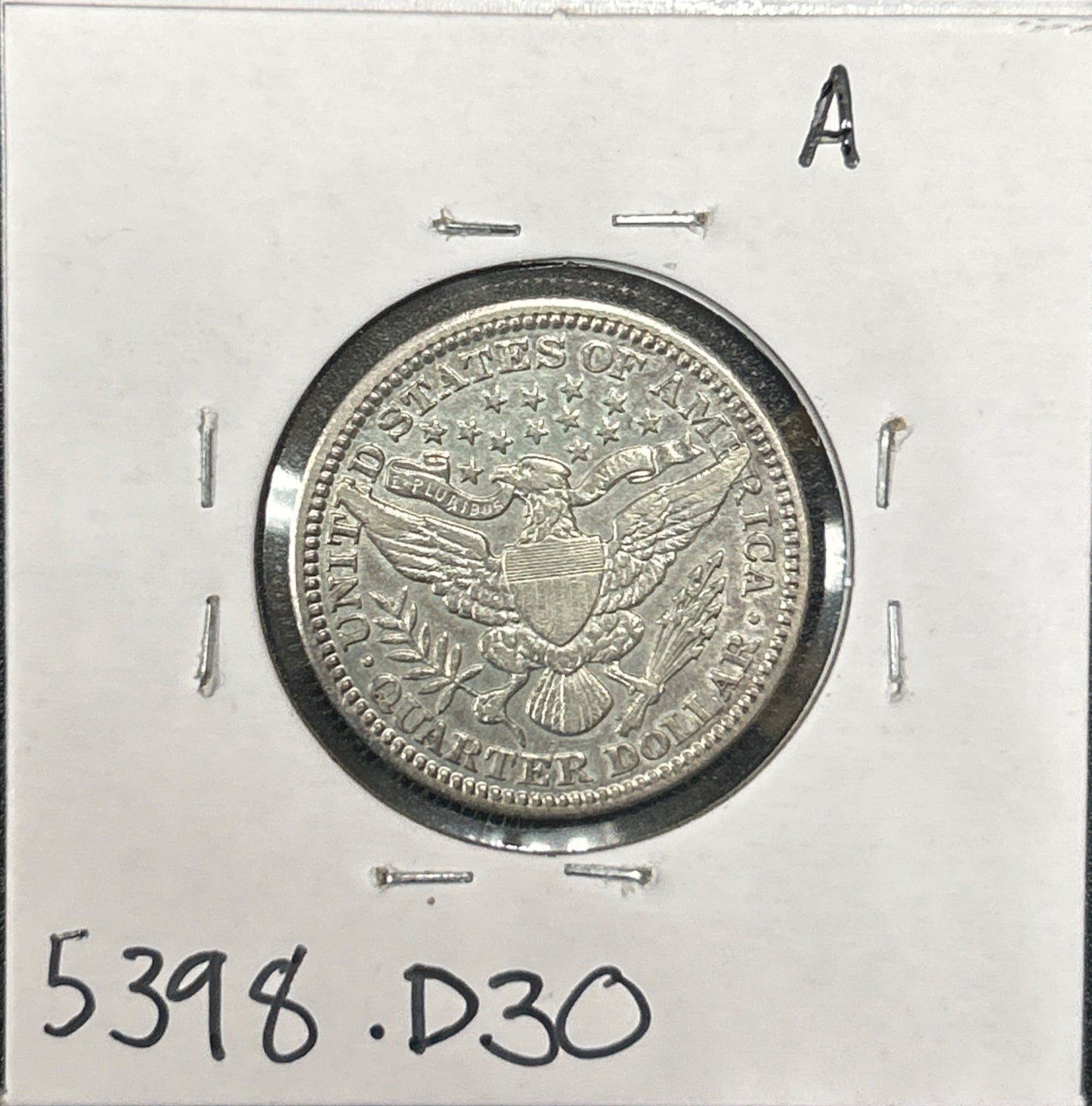 1902 Barber Quarter 5398.D30-A — Reverse