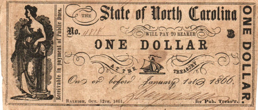 1861 $1 State Of North Carolina Cr. 32B Civil War Treasury Note – Red Back PDMD — Obverse