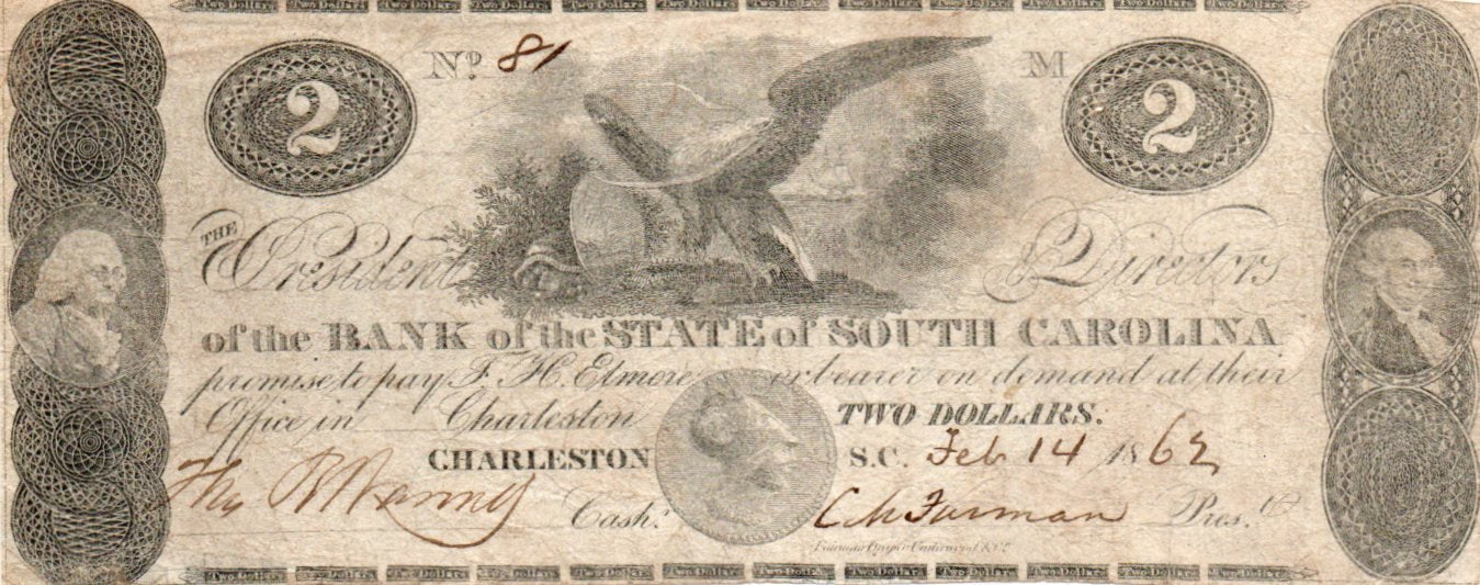 1862 $2 Bank Of The State Of South Carolina Obsolete Note SC-45-G30 – Low Serial #81 TB4N — Obverse