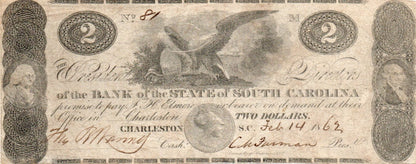 1862 $2 Bank Of The State Of South Carolina Obsolete Note SC-45-G30 – Low Serial #81 TB4N — Obverse