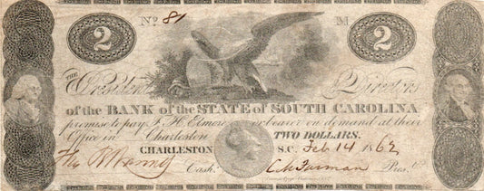 1862 $2 Bank Of The State Of South Carolina Obsolete Note SC-45-G30 – Low Serial #81 TB4N — Obverse