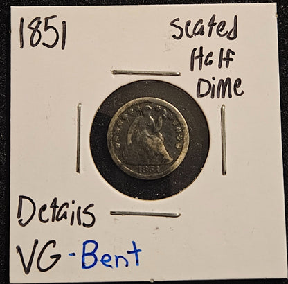 1851 Seated Liberty Half Dime VG-Details Bent 3776.6-A — Obverse