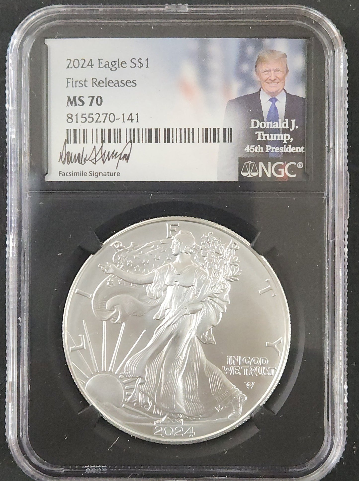 2024 Eagle S $1 MS 70 First Releases Donald Trump Facsimile Signature 346939.70-71351770008155270141 — Obverse