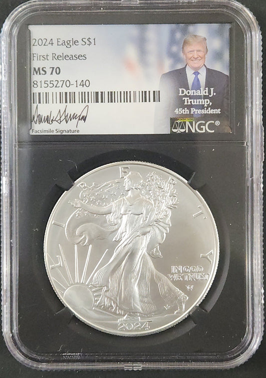 2024 Eagle S $1 MS70 First Realeases Donald J. Trump 45th President Facsimile Signature 346939.70-71351770008155270140 — Obverse