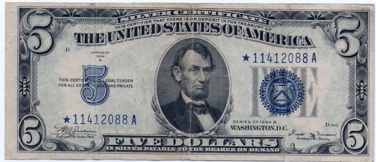 1934B $5 Silver Certificate Star Replacement Note Fr. 1652* – Blue Seal Currency 2D2F — Obverse