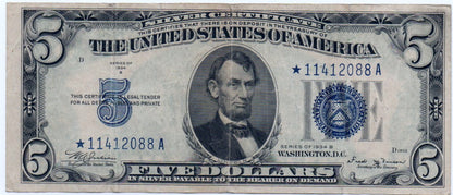 1934B $5 Silver Certificate Star Replacement Note Fr. 1652* – Blue Seal Currency 2D2F — Obverse