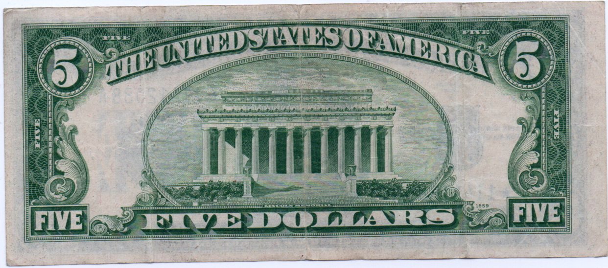 1934B $5 Silver Certificate Star Replacement Note Fr. 1652* – Blue Seal Currency 2D2F — Reverse