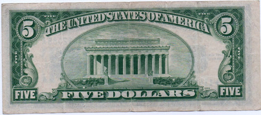 1934B $5 Silver Certificate Star Replacement Note Fr. 1652* – Blue Seal Currency 2D2F — Reverse