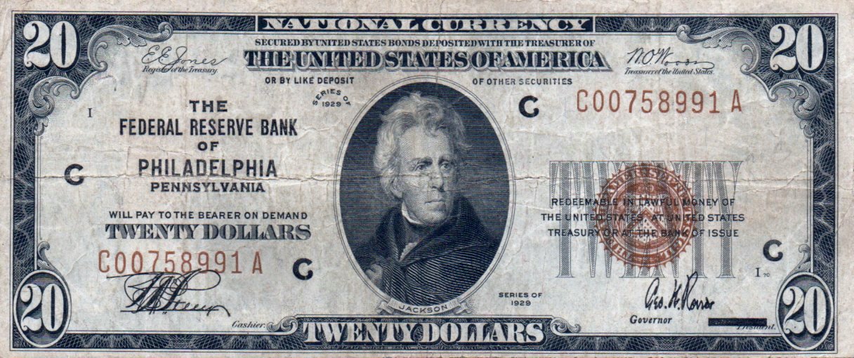 1929 $20 Federal Reserve Bank Note Fr. 1870-C – Philadelphia District Currency HT47 — Obverse