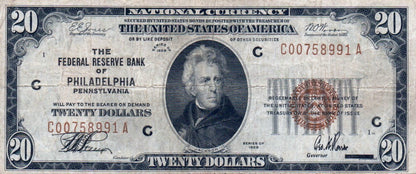 1929 $20 Federal Reserve Bank Note Fr. 1870-C – Philadelphia District Currency HT47 — Obverse