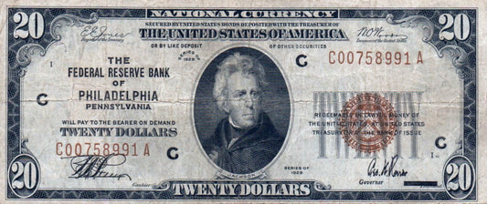 1929 $20 Federal Reserve Bank Note Fr. 1870-C – Philadelphia District Currency HT47 — Obverse