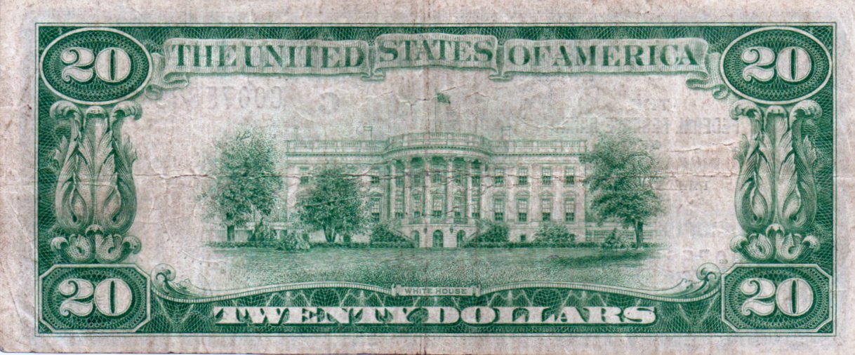 1929 $20 Federal Reserve Bank Note Fr. 1870-C – Philadelphia District Currency HT47 — Reverse